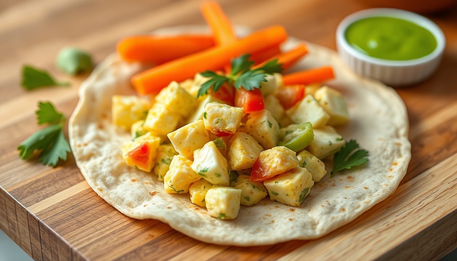 No-Cook Lunch Ideas: Egg salad tortilla with carrot sticks and green sauce.