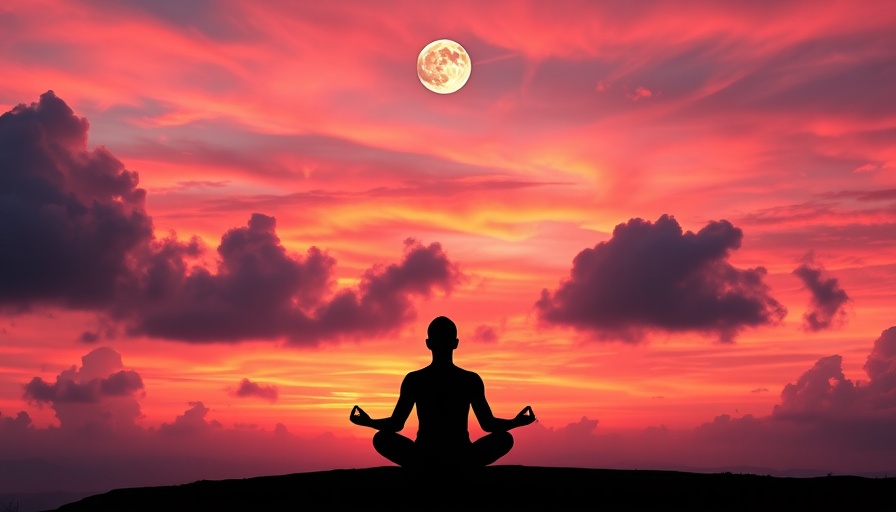 Silhouette meditating under vibrant sunset sky with moon, mindful manifestation.