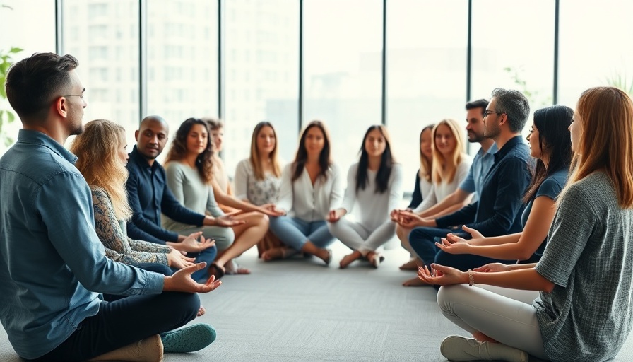 Group meditation in an office setting, symbolizing spirituality in an AI-driven world.