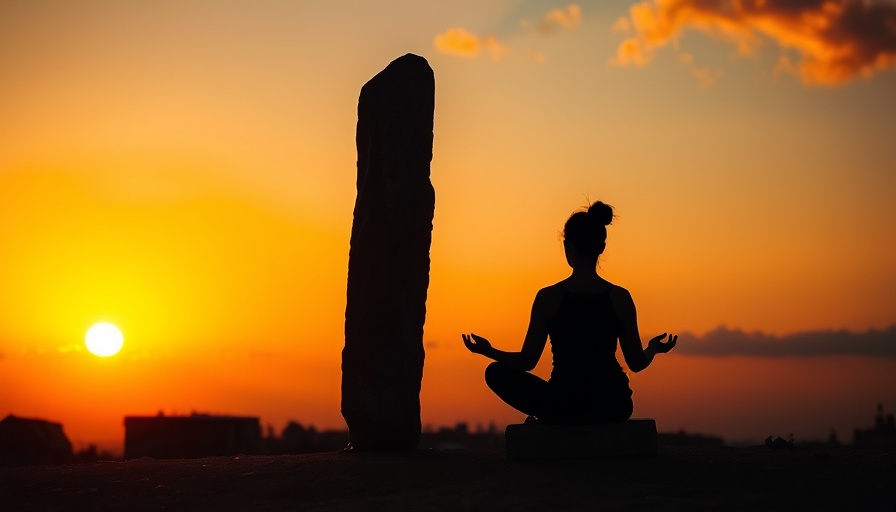 Silhouette of meditation and stones at sunset symbolizing mindfulness in the age of algorithms.