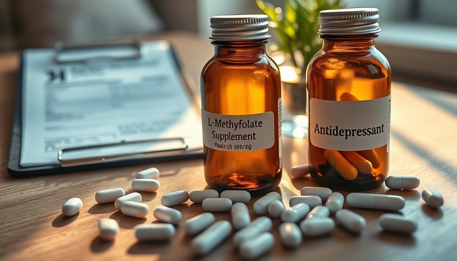 L-Methylfolate and Antidepressants on a desk with pills and a plant.