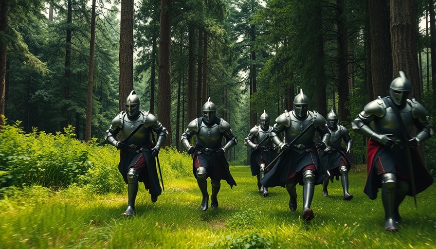 Medieval knights embracing discomfort for personal growth in vibrant forest.