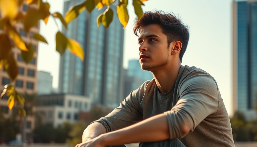 Motivated young adult contemplating Big Why and Adversity in urban setting.