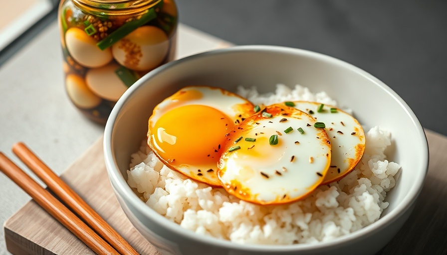 Miso Jammy Eggs with rice in bowl and marinade jar