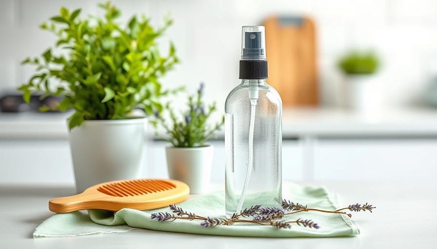 DIY natural hairspray setup on a marble counter with greenery.