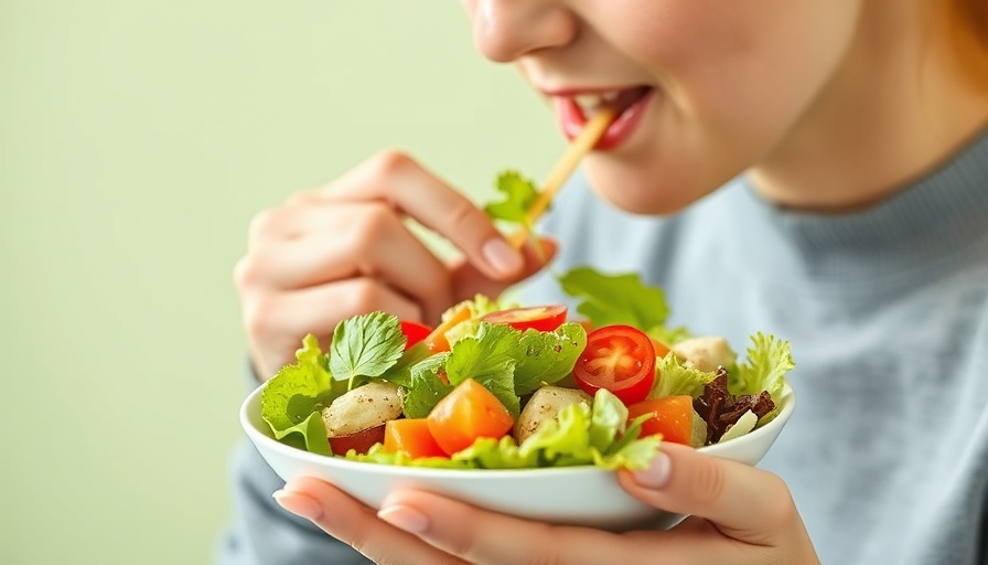 Person eating healthy salad to eat more to lose weight concept