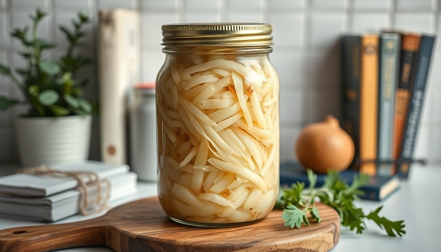 Homemade sauerkraut jar with ingredients on kitchen counter.