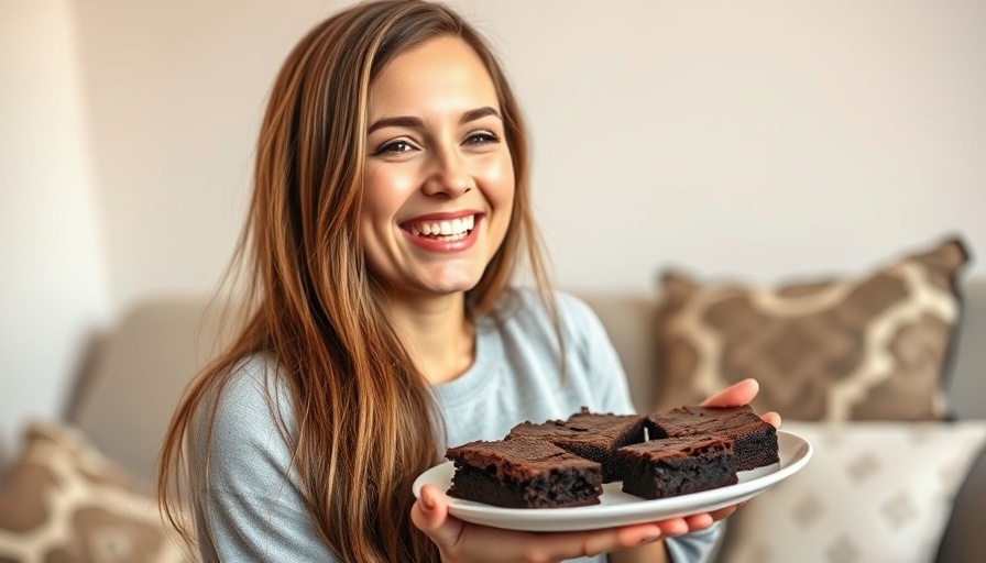 Woman enjoying chocolate brownies, healthy relationship with food.