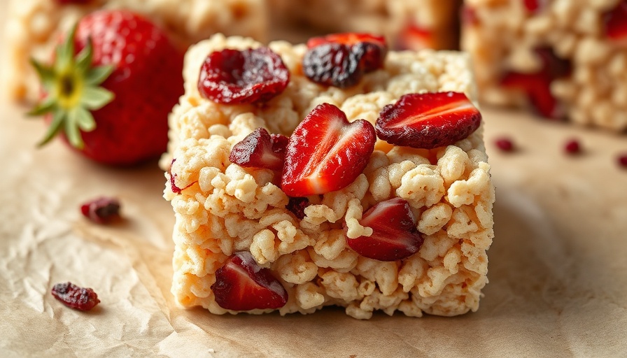Close-up of Strawberry Rice Krispie Treat with dried strawberries on parchment.