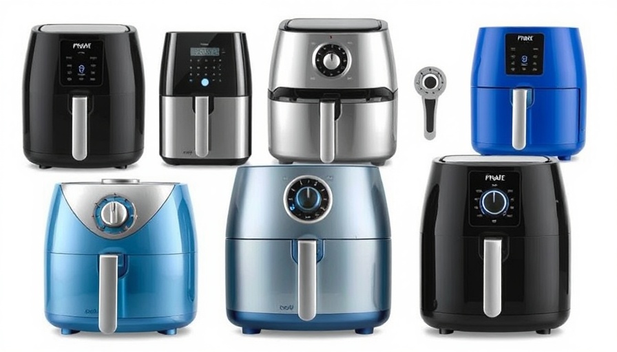 Modern nontoxic air fryers in grid style on white background.
