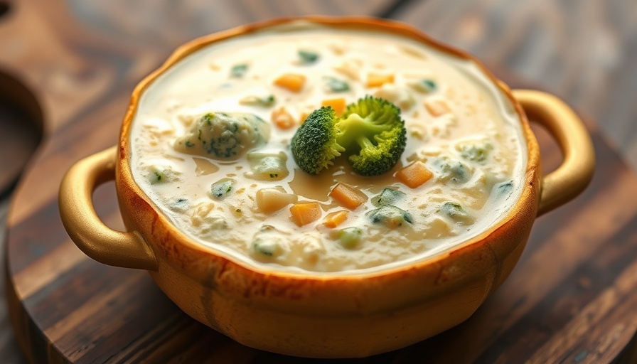 Panera Broccoli Cheddar Soup Recipe in bread bowl with garnish.