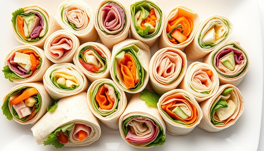 Colorful healthy kid-friendly wraps neatly arranged on a white platter.