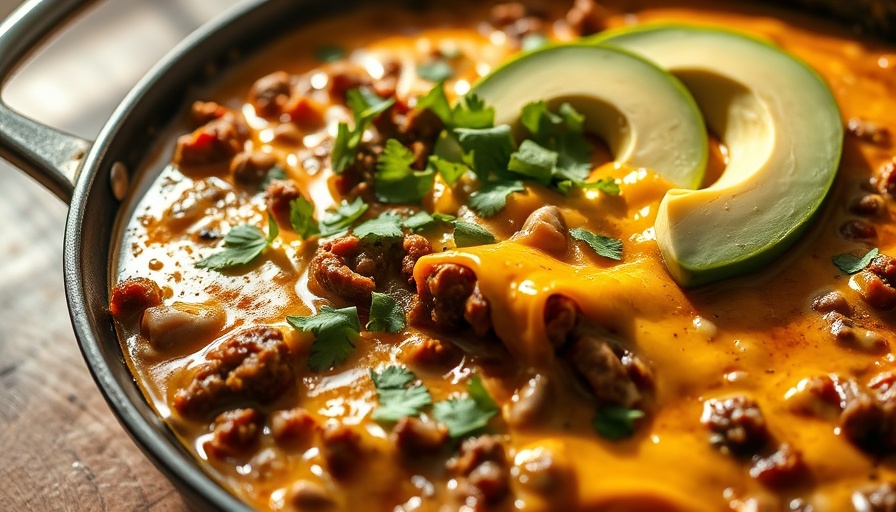 Ground beef cottage cheese queso with avocado topping.