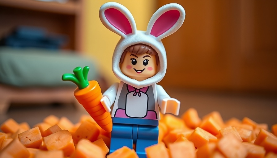 Lego bunny figure with carrot amidst diced carrots illustrating plant-based diet fun.