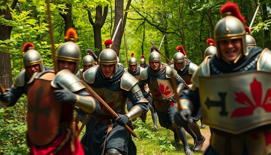 Knights humorously retreating in a forest, embracing discomfort.