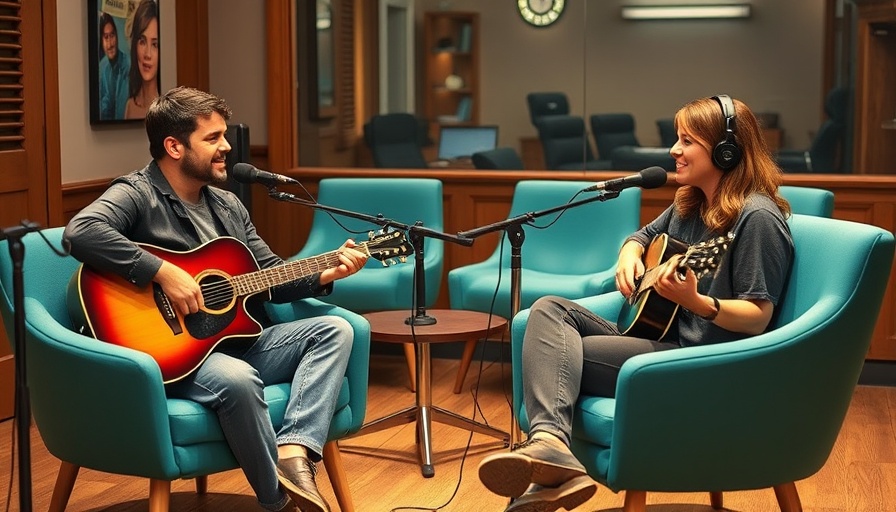 Casual talk show setting with guitar performance, cozy atmosphere.