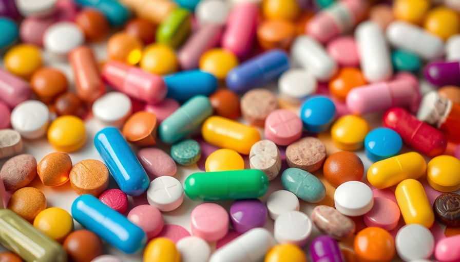 Assorted colorful medication pills and capsules scattered.