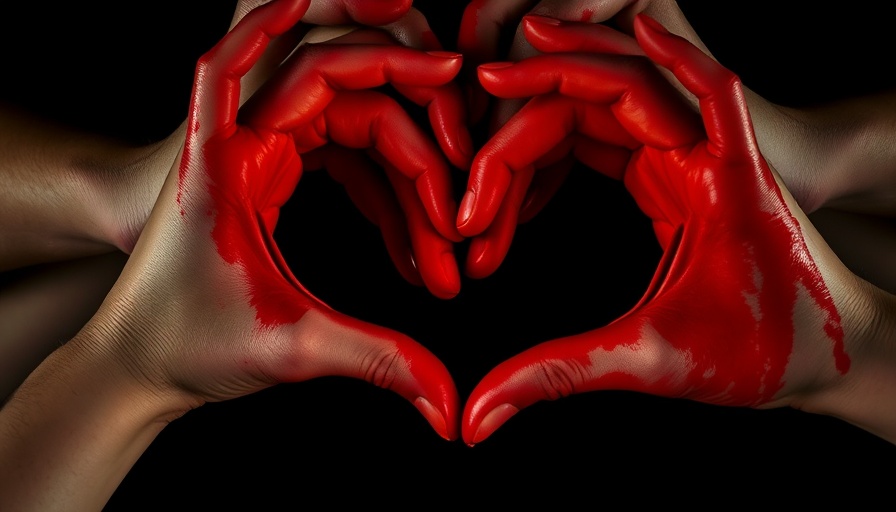 Hands in red paint forming heart shape, symbolizing unity.