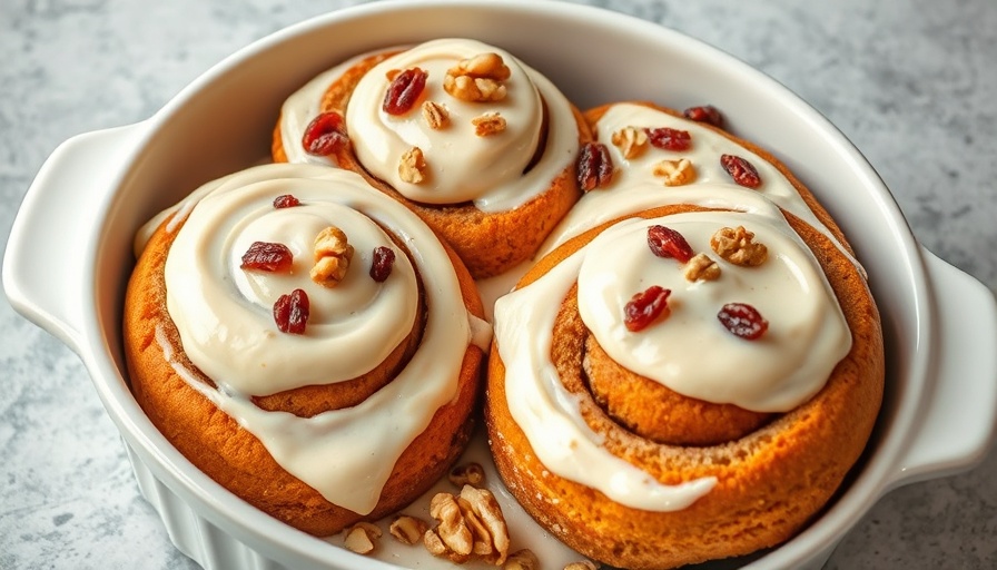 Carrot cake cinnamon rolls topped with frosting, raisins, and walnuts.