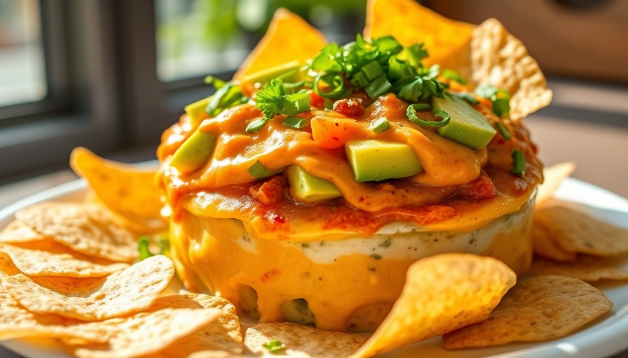 Ground Beef Cottage Cheese Queso with avocados and chips.