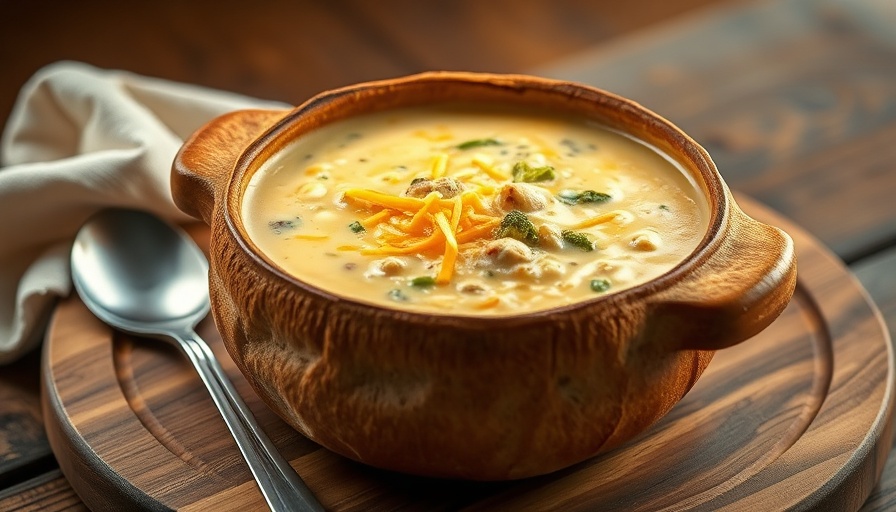 Panera Broccoli Cheddar Soup in a bread bowl on wooden board