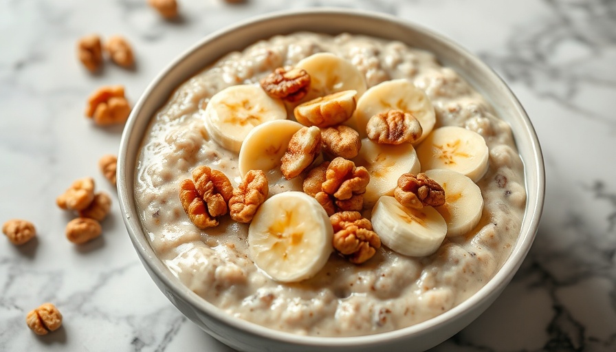 Fluffy banana stovetop oatmeal with toppings on marble.