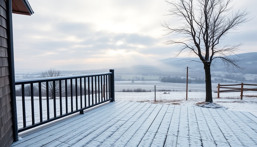 Snow-dusted deck overlooking foggy landscape, serene morning.