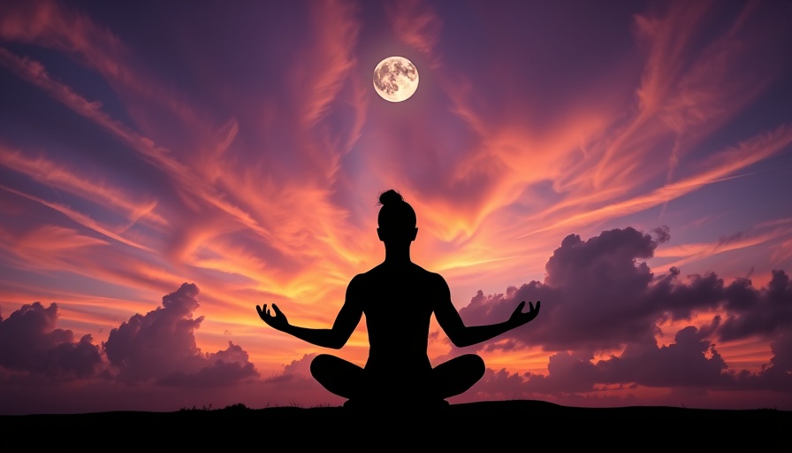 Meditating silhouette with colorful sky for mindful states.