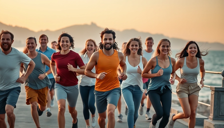 Diverse group jogging on seaside path at sunrise for best workout to lower blood sugar.