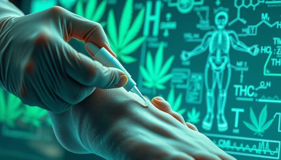 Applying THC cream for neuropathic pain relief with cannabis visuals.