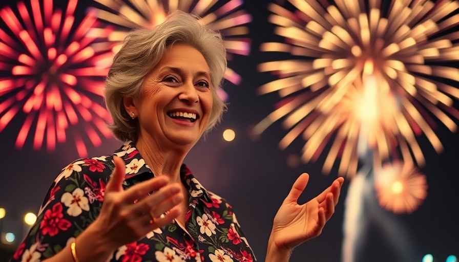 Neurodiversity-friendly New Year’s resolutions with smiling woman and fireworks.