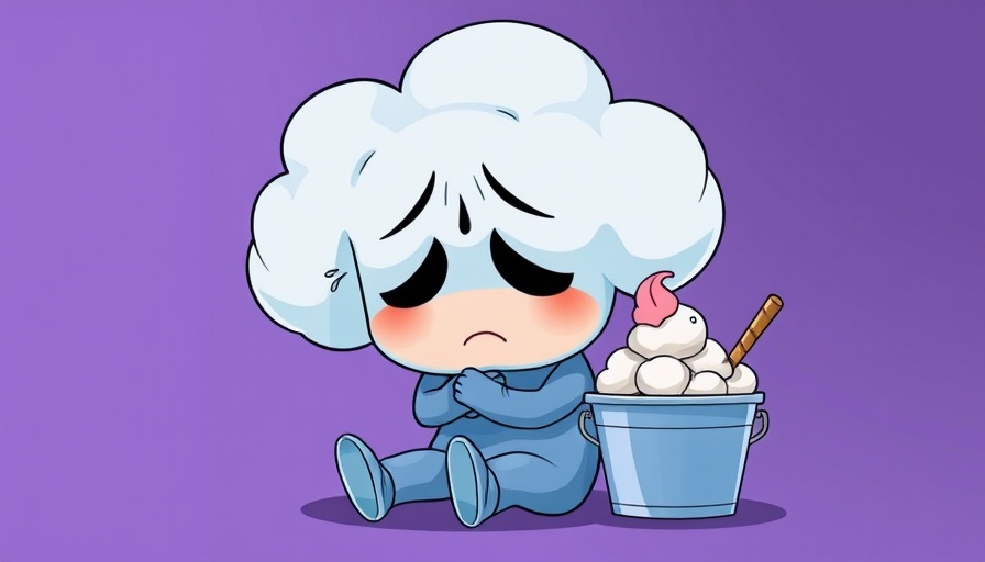 Sad cartoon character hugged by a cloud, loneliness theme illustration.