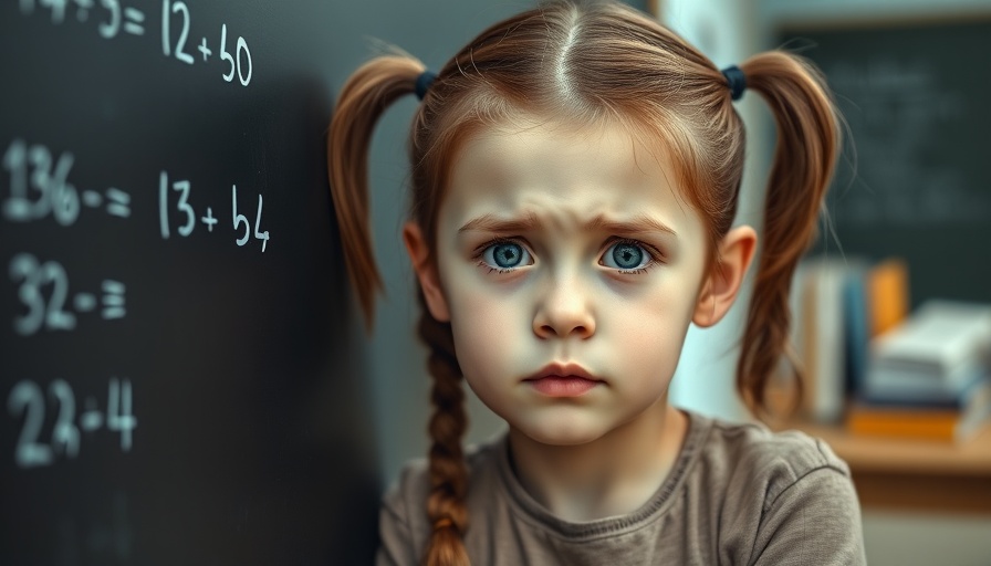 Young girl struggling with math problems in class. ADHD medication for children.