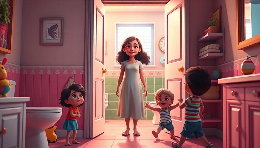 Calm mother managing chaos in vibrant bathroom scene. Strategies for Managing Mom Rage.