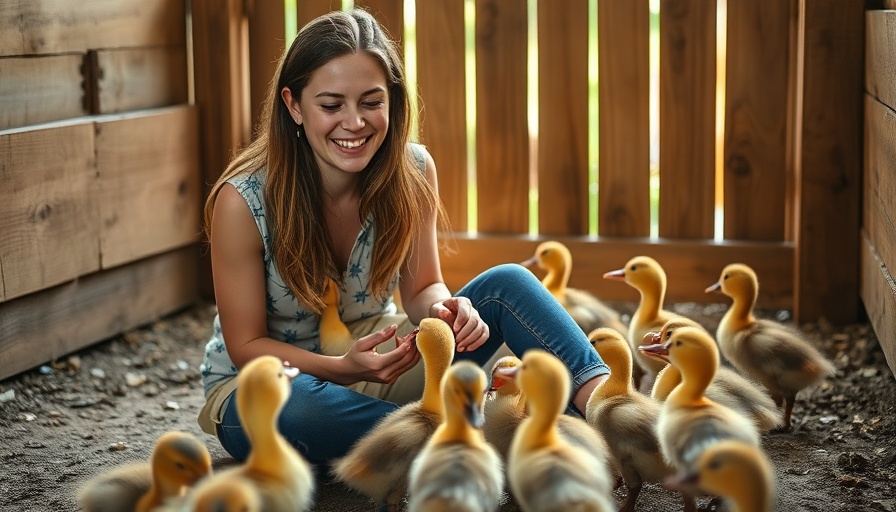 Joyful young woman with ducklings, showcasing the impact of baby animals on mental health.
