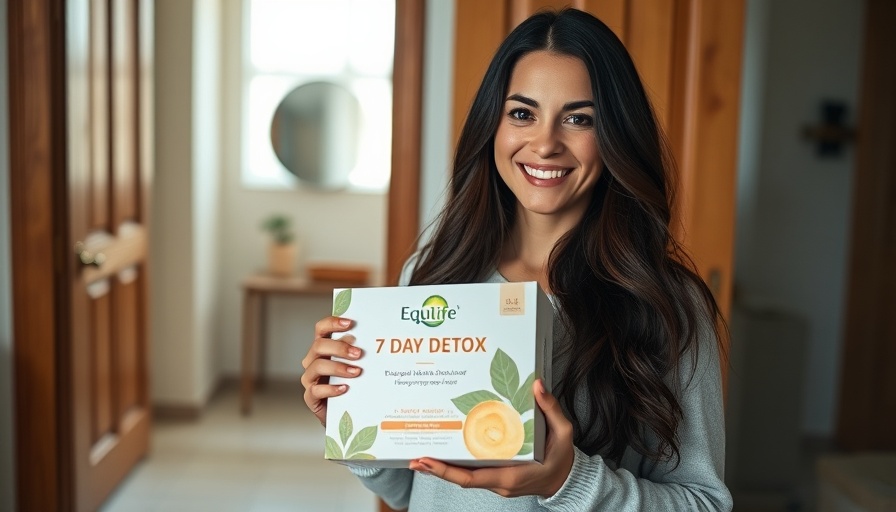 Smiling woman holding EquiLife detox product indoors