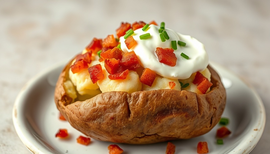 Microwave baked potatoes topped with sour cream, bacon, and chives on white plate.