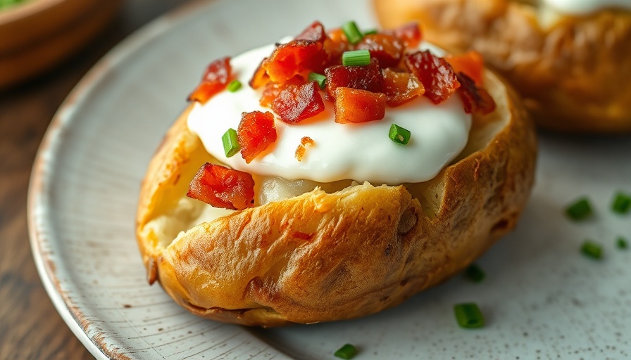 Microwave baked potato with sour cream and bacon bits.