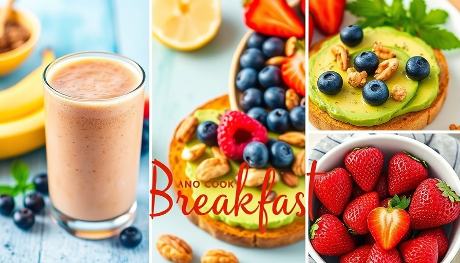 Vibrant collage showcasing no cook breakfast ideas with smoothies and fruits.