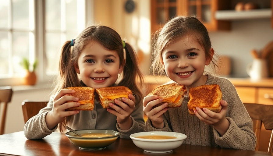 Two happy girls enjoying grilled cheese and soup at home, family dinner ideas for picky eaters.