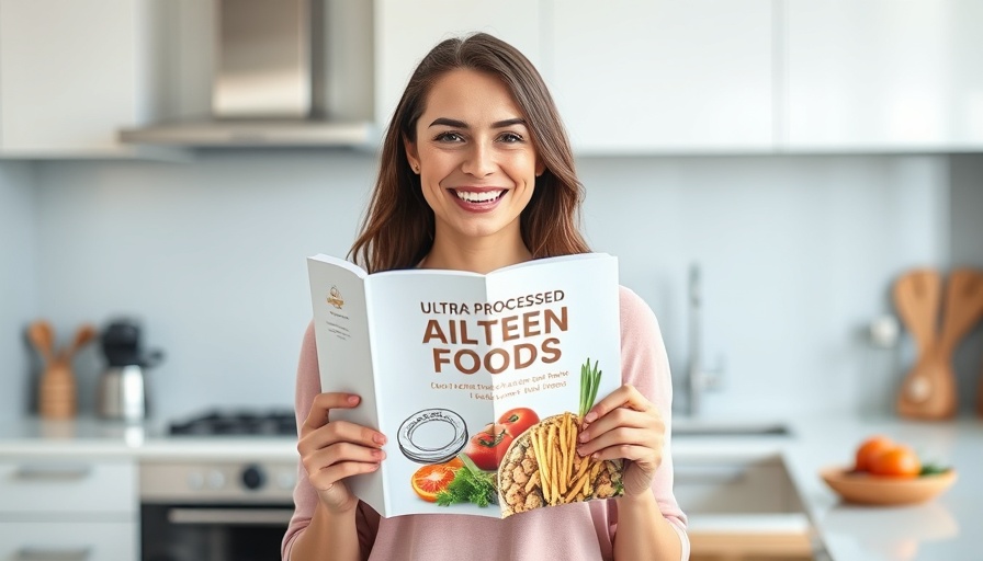 Woman in kitchen with book on ultra-processed foods risks.