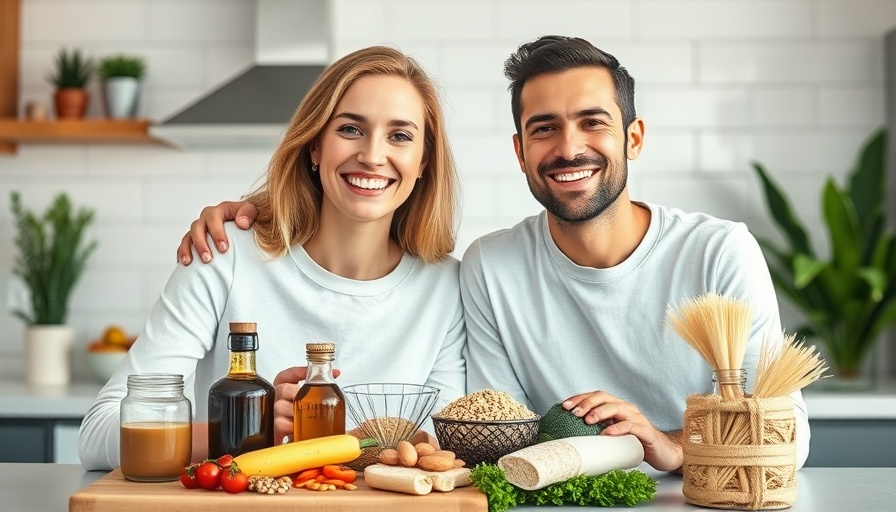Couple presenting healthy foods for cholesterol management tips in kitchen.