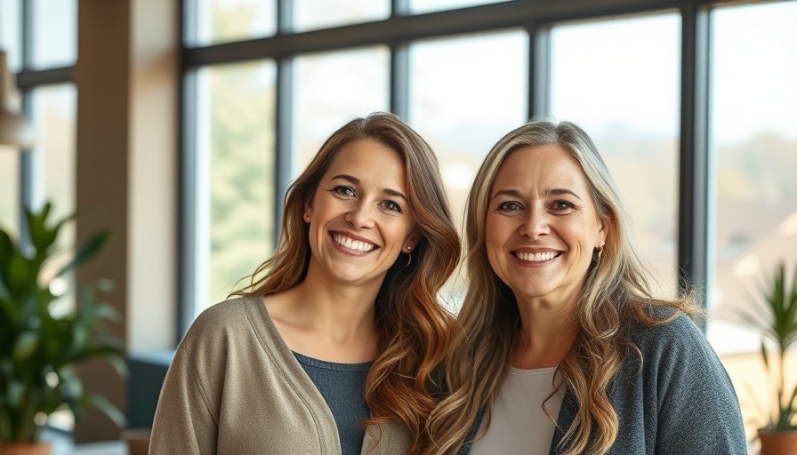 Two women smiling together indoors with natural light.