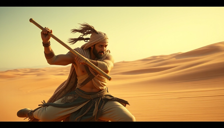 Costumed desert warrior energetically wielding a staff scene.