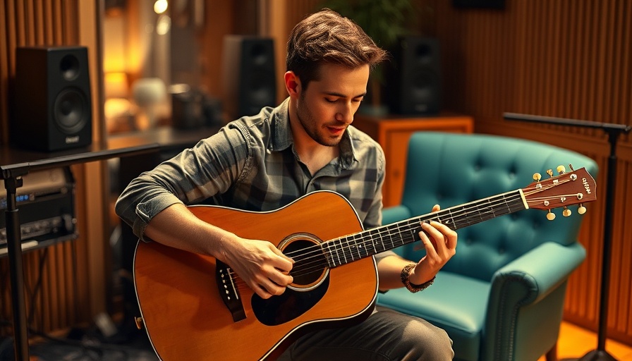 Musician performing in a studio with acoustic guitar, Growth over Comfort theme.
