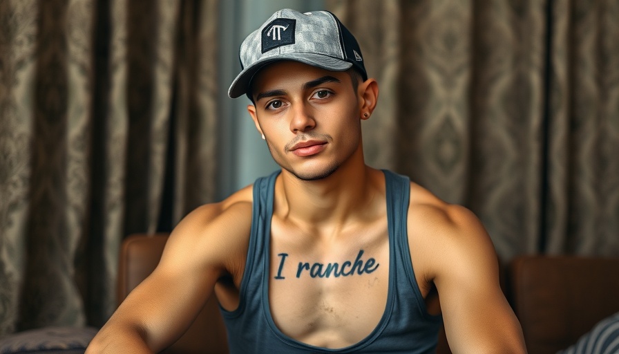 Young man with misspelled tattoo showing confidence indoors.
