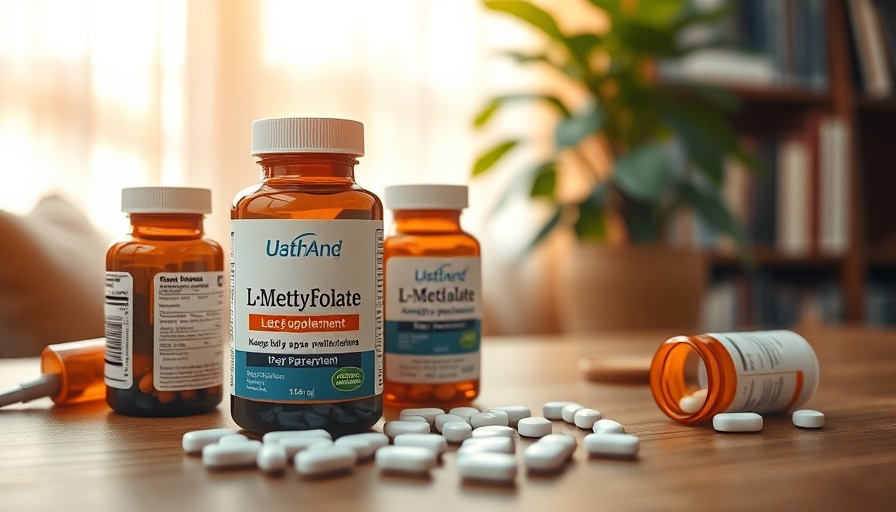 L-Methylfolate and antidepressant supplements on a wooden table with soft lighting.