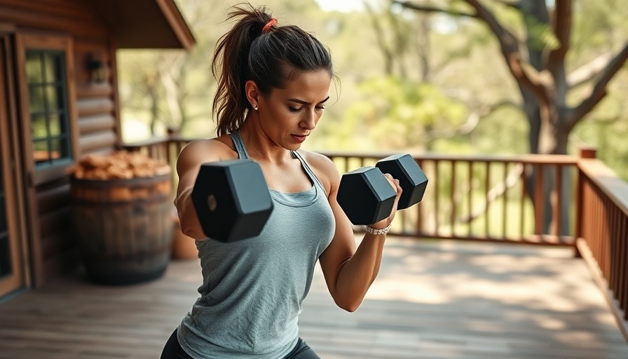 Woman performing 1 dumbbell workout for intermediates outdoors.