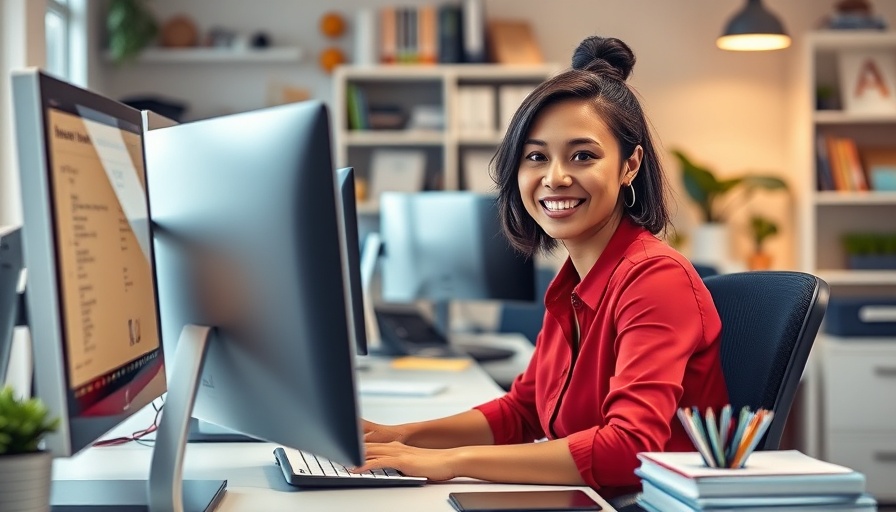 Smiling woman in office highlights Rural Women's Health Services.