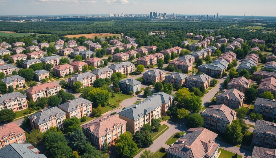 Aerial view of a retirement community with city skyline.